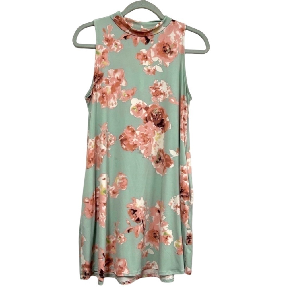 MTS Boutique Mock Neck swing Dress Seafoam Green pink floral Medium stretch